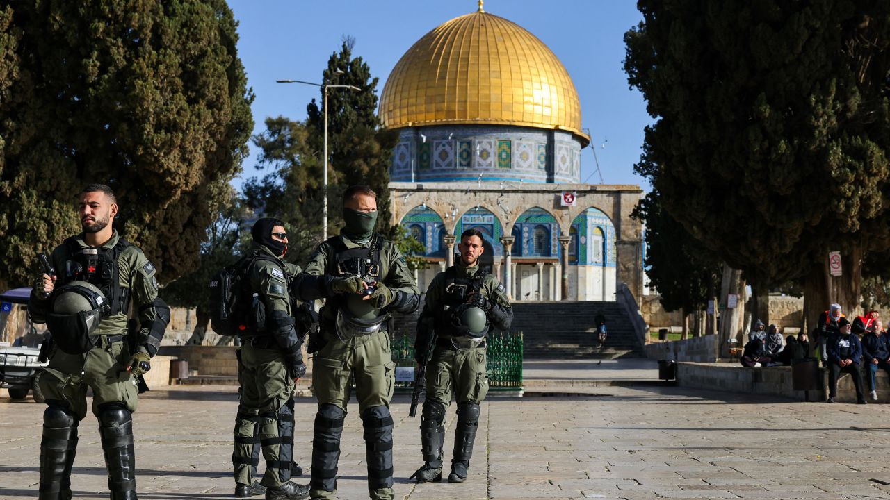 Members of Israeli security forces guard the al-Aqsa Mosque compound following clashes that erupted during Islam's holy fasting month of Ramadan in Jerusalem on April 5.