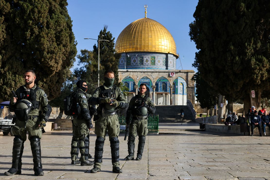Members of Israeli security forces guard the al-Aqsa Mosque compound following clashes that erupted during Islam's holy fasting month of Ramadan in Jerusalem on April 5.
