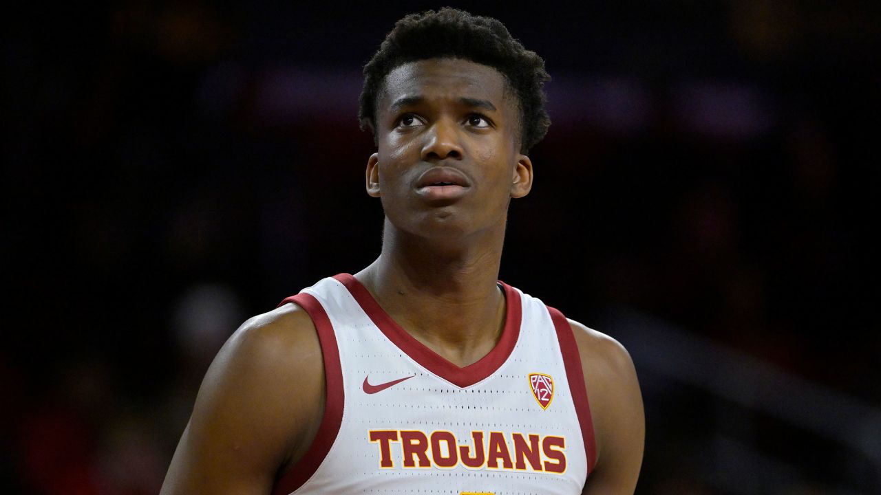 LOS ANGELES, CA - JANUARY 12: Vincent Iwuchukwu #3 of the USC Trojans  looks on from the court in the first half against the Colorado Buffaloes at Galen Center on January 12, 2023 in Los Angeles, California. (Photo by Jayne Kamin-Oncea/Getty Images)
