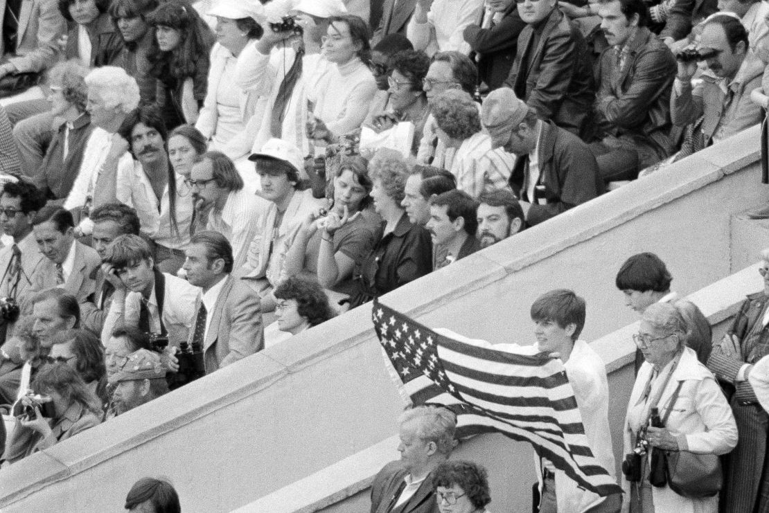 A United States flag is displayed during the Opening Ceremony of the 1980 Olympics, from which the US was absent. 