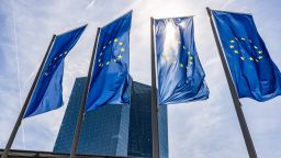 Exterior view taken on May 4, 2023 shows European flags fluttering in front of the European Central Bank (ECB) prior to a press conference on the eurozone's monetary policy, in Frankfurt am Main, western Germany.