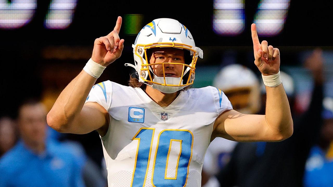 Justin Herbert react after a play during the fourth quarter in the game against the Atlanta Falcons at Mercedes-Benz Stadium on November 6, 2022.