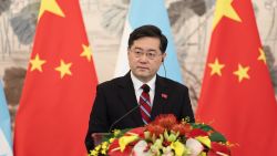 Chinese Foreign Minister Qin Gang speaks during the ceremony of establishment of diplomatic relations between the two countries at Diaoyutai State Guesthouse on March 26, 2023 in Beijing, China.