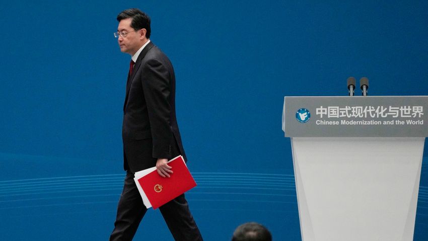 Chinese Foreign Minister Qin Gang leaves after speaking at the forum titled Chinese Modernization and the World held at The Grand Halls in Shanghai, Friday, April 21, 2023.