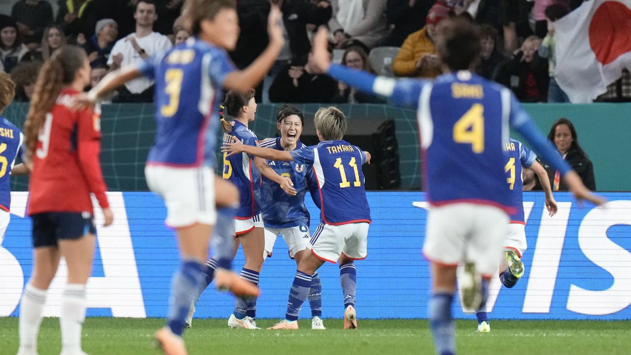 Japan's Hikaru Naomoto celebrates with her teammates after scoring her team's first goal against Costa Rica. 