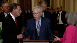 Mitch McConnell pauses during his weekly press conference on July 26, 2023. 