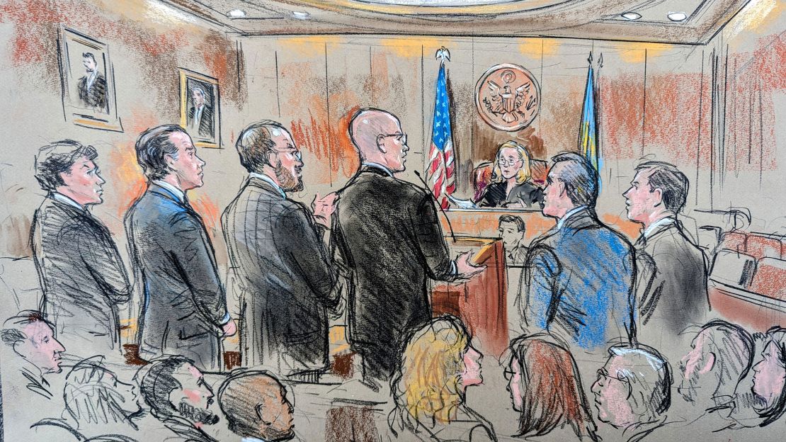 In this sketch from federal court, Hunter Biden, lawyers and Judge Maryellen Noreika attend a plea hearing on two misdemeanor charges of willfully failing to pay income taxes in Wilmington, Delaware, on July 26.