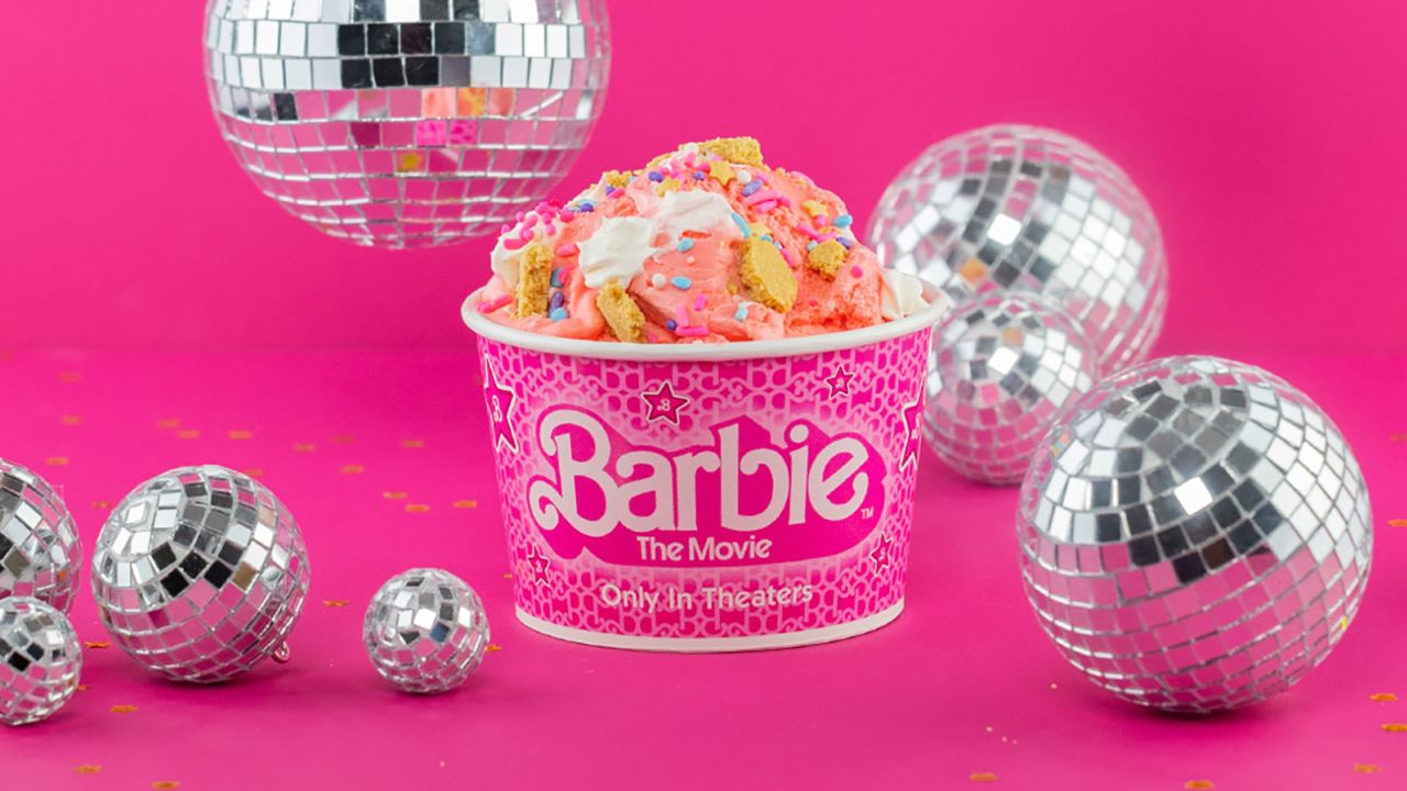 Cold Stone Creamery's Barbie-themed ice cream in a Barbie-themed cup.