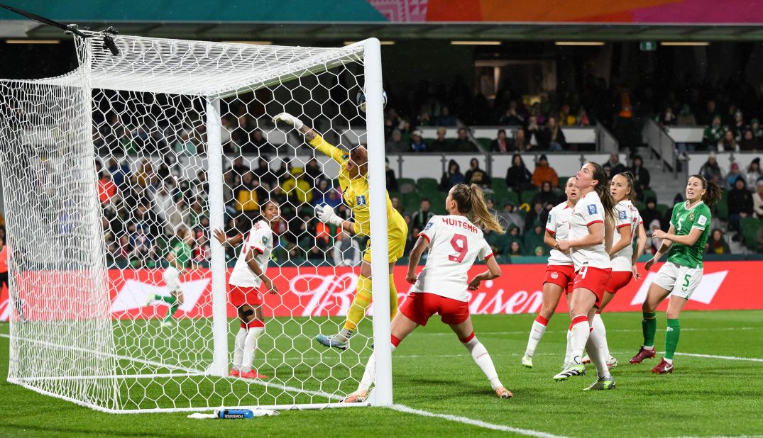 Canadian goalkeeper Kailen Sheridan can't get to a McCabe corner kick that went directly into the goal to give Ireland a 1-0 lead. The incredible "Olimpico" goal came in just the fourth minute of play.