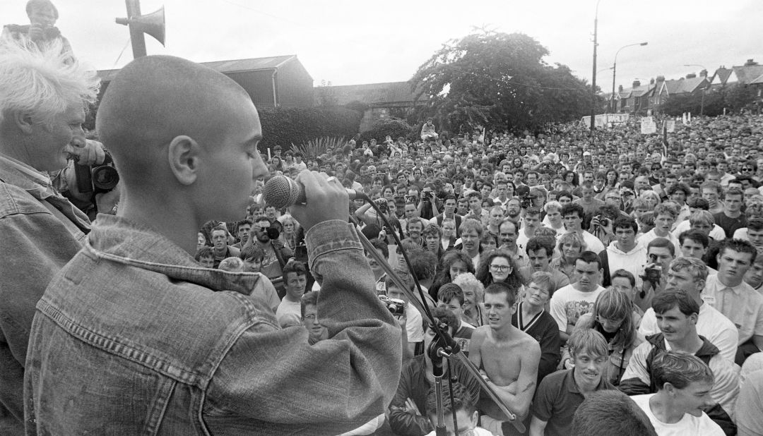 O'Connor performs in Dublin, Ireland, in 1989. It was part of a gathering marking the 20th anniversary of a march on the British Embassy there.