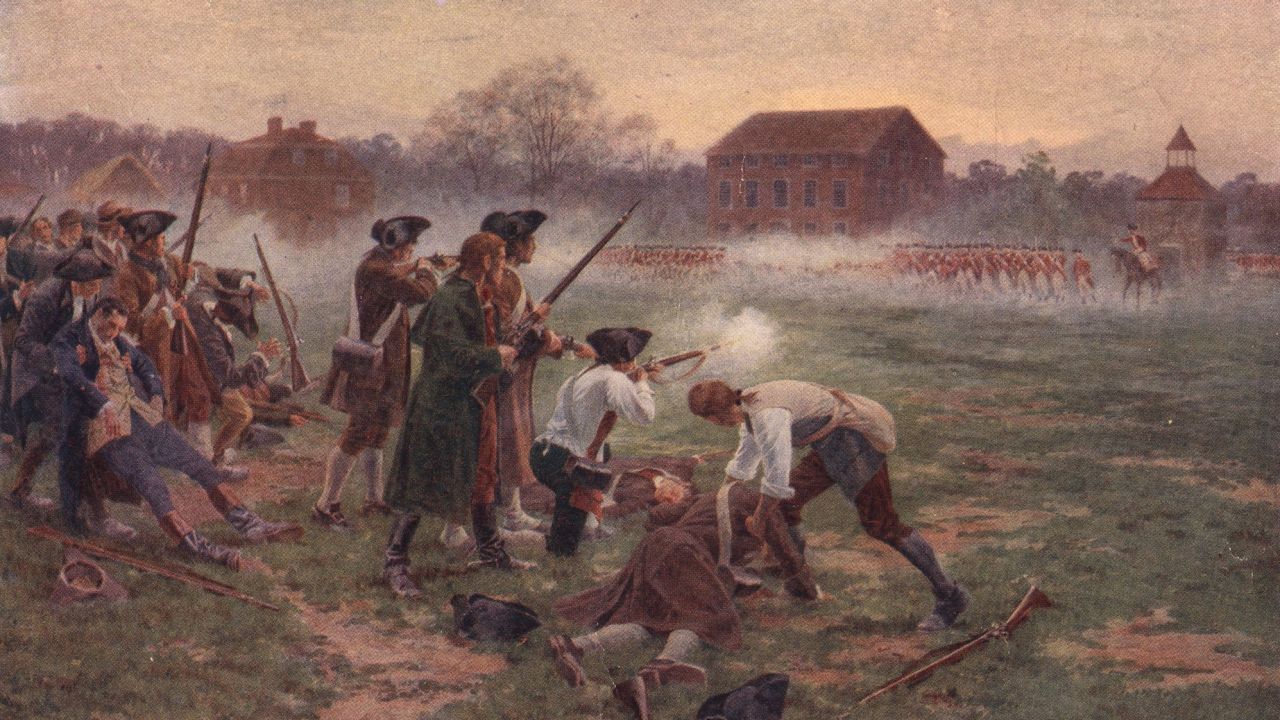 Minutemen facing British soldiers on Lexington Common, Massachusetts, in the first battle in the War of Independence, 19th April 1775. Original artist William Barnes Wollen. (Photo by Hulton Archive/Getty Images)