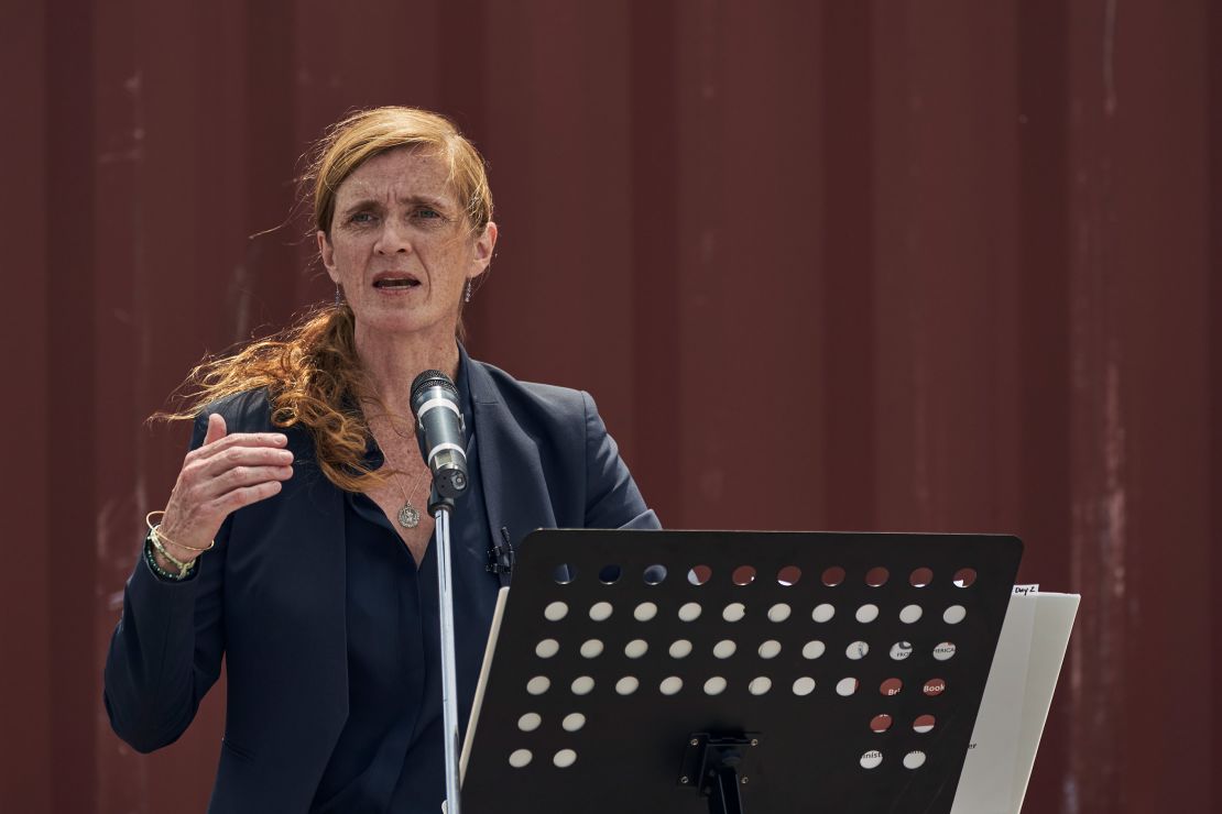 U.S. Agency for International Development Administrator Samantha Power speaks during a news conference at the Port of Odesa, in Odesa, Ukraine, Tuesday, July 18, 2023. (AP Photo/Libkos)