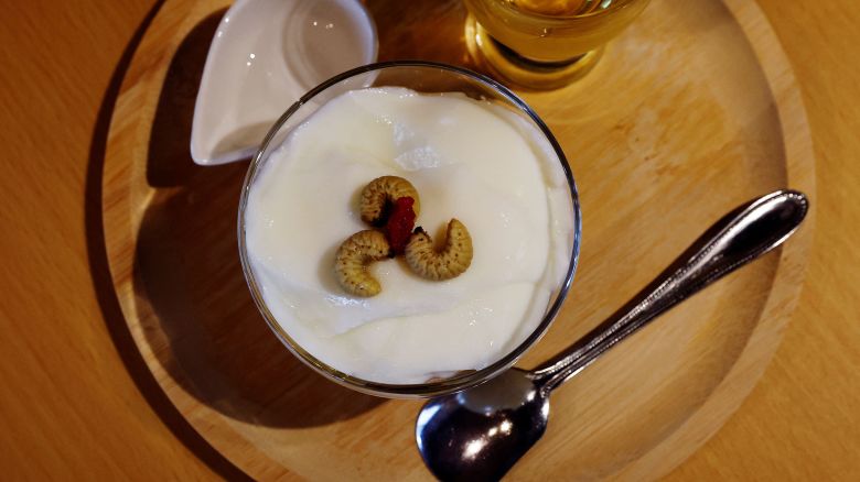 Almond tofu with beetle larvae is pictured at Take-Noko cafe in Tokyo, Japan, July 21, 2023. REUTERS/Kim Kyung-Hoon