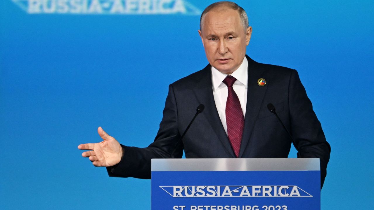 This pool image distributed by Sputnik agency shows Russian President Vladimir Putin giving a speech during the plenary session of the second Russia-Africa summit in Saint Petersburg on July 27, 2023. (Photo by Pavel BEDNYAKOV / POOL / AFP) (Photo by PAVEL BEDNYAKOV/POOL/AFP via Getty Images)