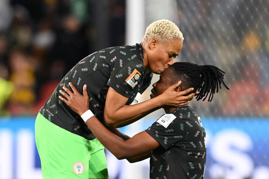 Onome Ebi, left, and Osinachi Ohale celebrate after <a href="https://www.cnn.com/2023/07/27/football/nigeria-australia-womens-world-cup-spt-intl/index.html" target="_blank">Nigeria defeated Australia 3-2</a> on July 27. The stunning result means Nigeria has a one-point lead going into its final group game against already eliminated Ireland, while co-host Australia faces a must-win match against Canada.