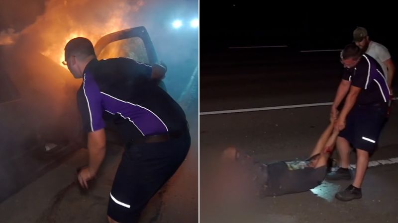 Watch FedEx driver pull man from fiery car wreck | CNN