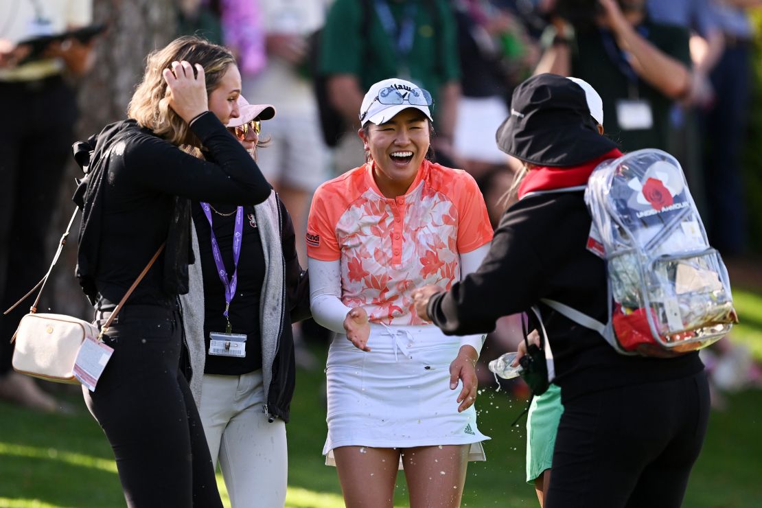 AUGUSTA, GEORGIA - APRIL 01:  Rose Zhang of the United States celebrates on the 10th green, the second playoff hole, after defeating Jenny Bae of the United States to win during the final round of the Augusta National Women's Amateur at Augusta National Golf Club on April 01, 2023 in Augusta, Georgia. (Photo by Ross Kinnaird/Getty Images)