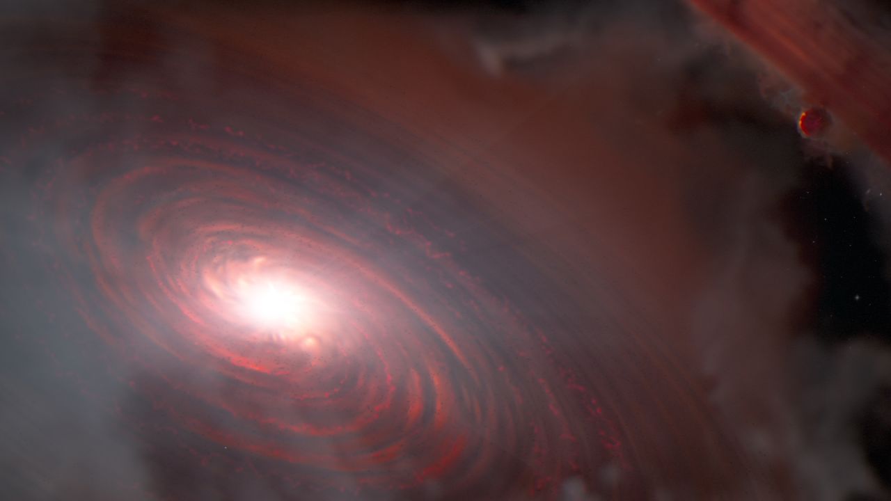 This artist's concept portrays the star PDS 70 and its inner protoplanetary disk. New measurements by NASA's James Webb Space Telescope have detected water vapor at distances of less than 100 million miles from the star -- the region where rocky, terrestrial planets may be forming. This is the first detection of water in the terrestrial region of a disk already known to host two or more protoplanets, one of which is shown at upper right.
