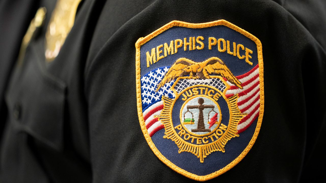 A patch of the Memphis Police Department is seen during a meeting of the Peace Officers Standards and Training Commission Thursday, May 18, 2023 in Nashville, Tenn. A Tennessee commission that enforces standards for police recommended Thursday that proceedings to bar an officer charged in the fatal beating of Tyre Nichols from serving in state law enforcement be suspended until his legal case is resolved. (AP Photo/George Walker IV)