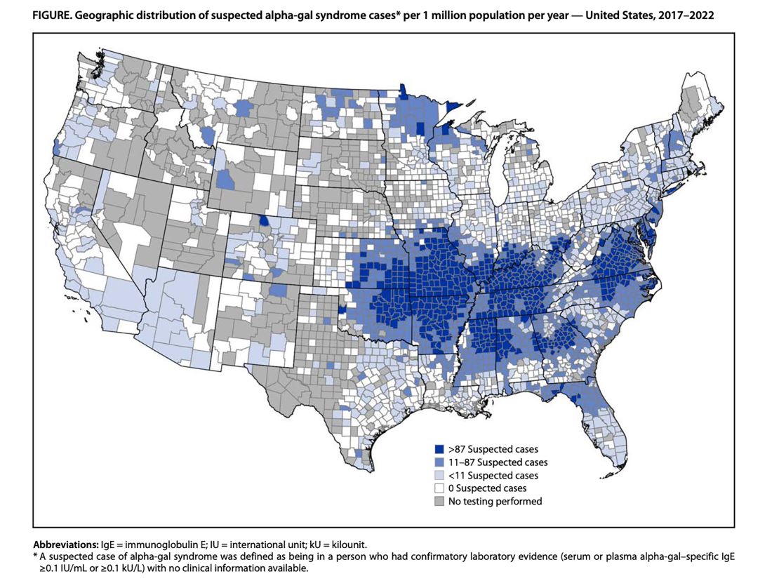 A CDC map shows the geographic distribution of suspected alpha-gal syndrome cases per 1 million population per year from 2017 to 2022.