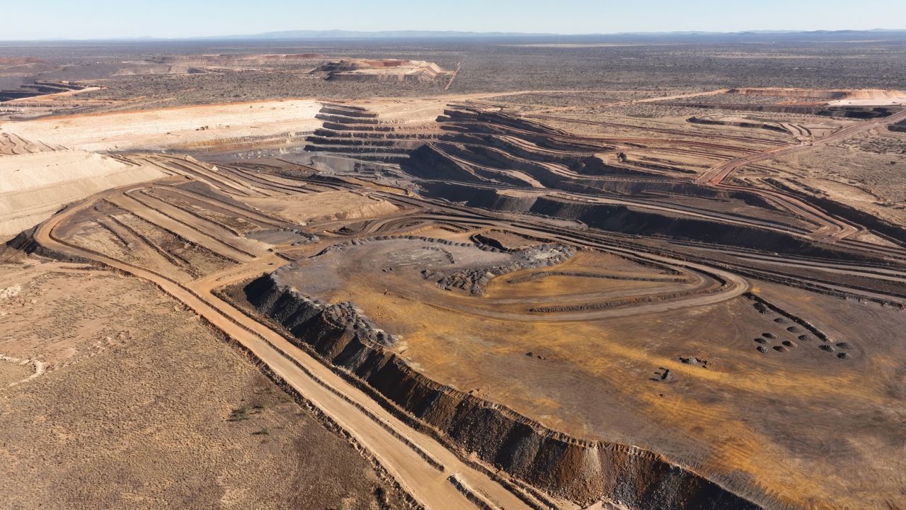An aerial view of mining operations in the manganese belt in the Kalahari Desert.
