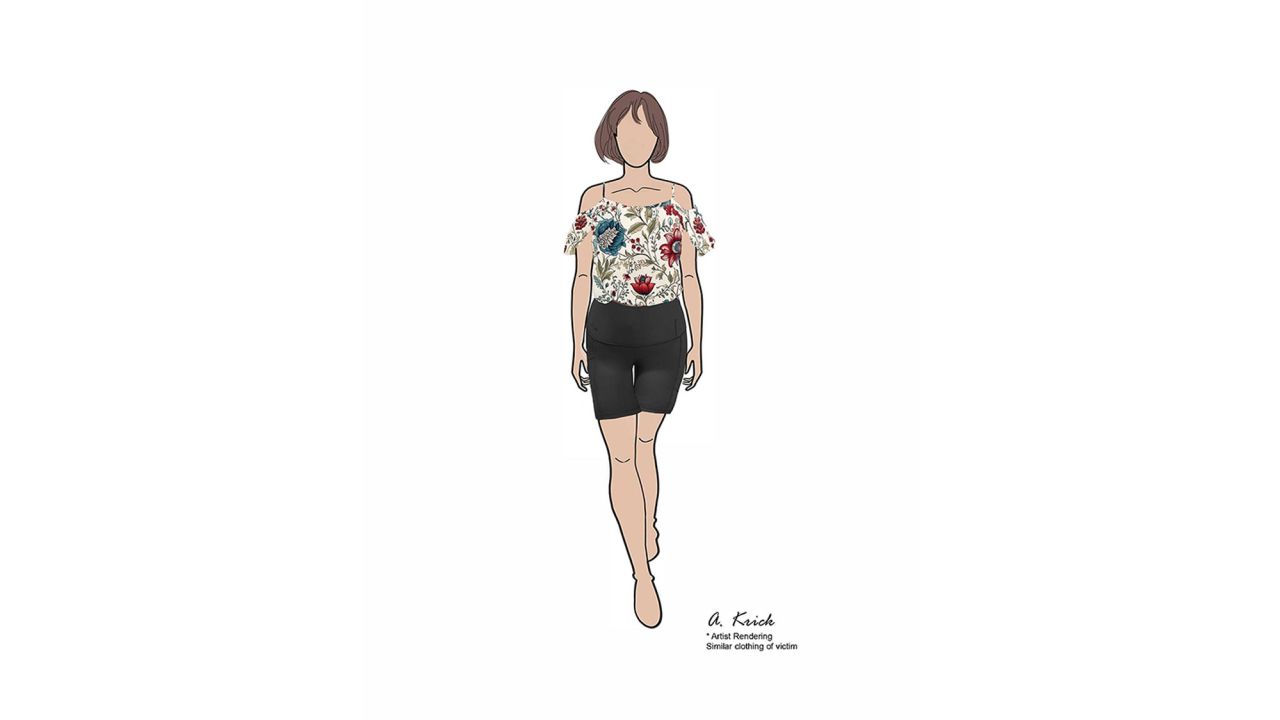 A reconstructed image of what the Florida victim was wearing: A floral top and black thigh-length shorts.