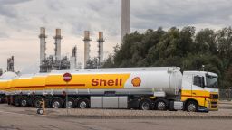 Gasoline tanker trucks parked outside the Shell Plc Pernis refinery in Rotterdam, Netherlands, on Sunday, Oct. 23, 2022. Shell reports earnings on Oct. 27. 