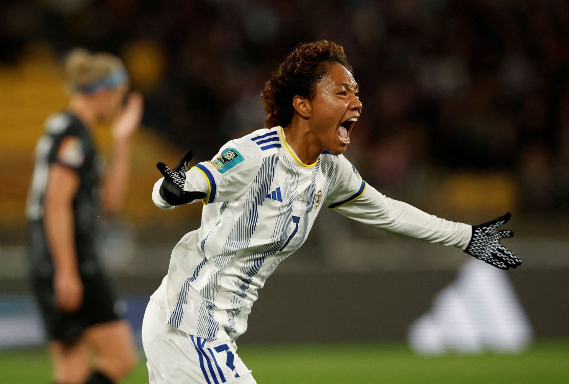 Soccer Football - FIFA Women's World Cup Australia and New Zealand 2023 - Group A - New Zealand v Philippines - Wellington Regional Stadium, Wellington, New Zealand - July 25, 2023
Philippines' Sarina Bolden celebrates scoring their first goal REUTERS/Amanda Perobelli     TPX IMAGES OF THE DAY