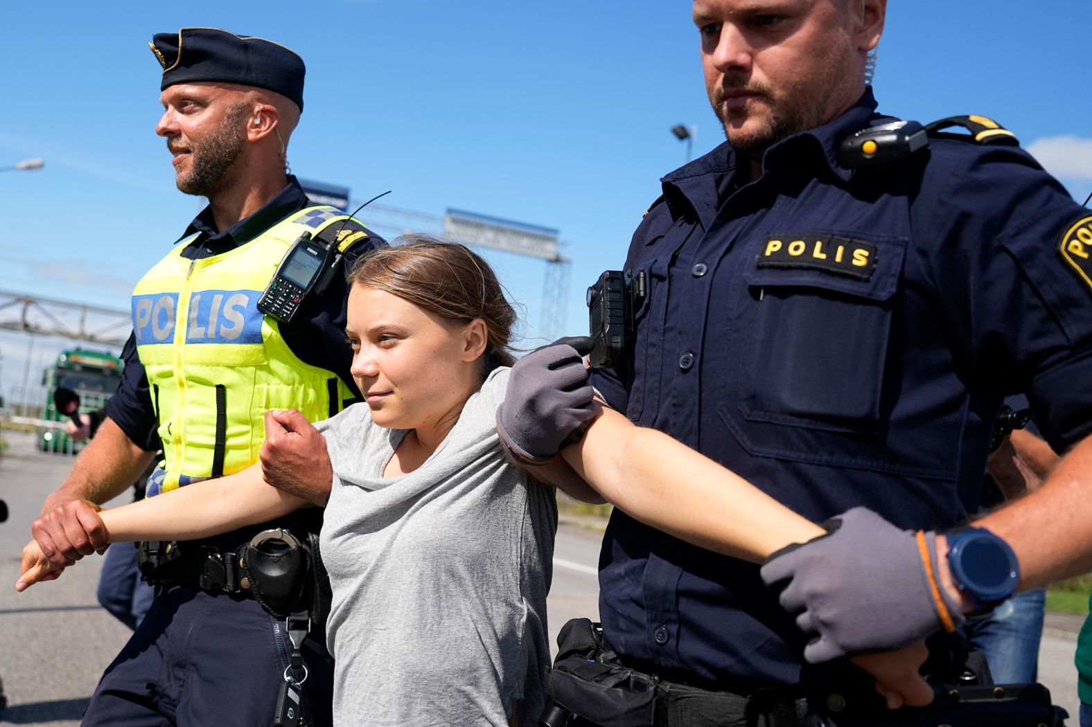 Environmental activist Greta Thunberg is detained by police for blocking the entrance to an oil facility in Malmö, Sweden, on Monday, July 24. Her protest took place just a few hours after <a href="https://www.cnn.com/2023/07/24/europe/greta-thunberg-fine-sweden-climate-intl/index.html" target="_blank">she was fined for disobeying police</a> during a similar protest last month at the same terminal.