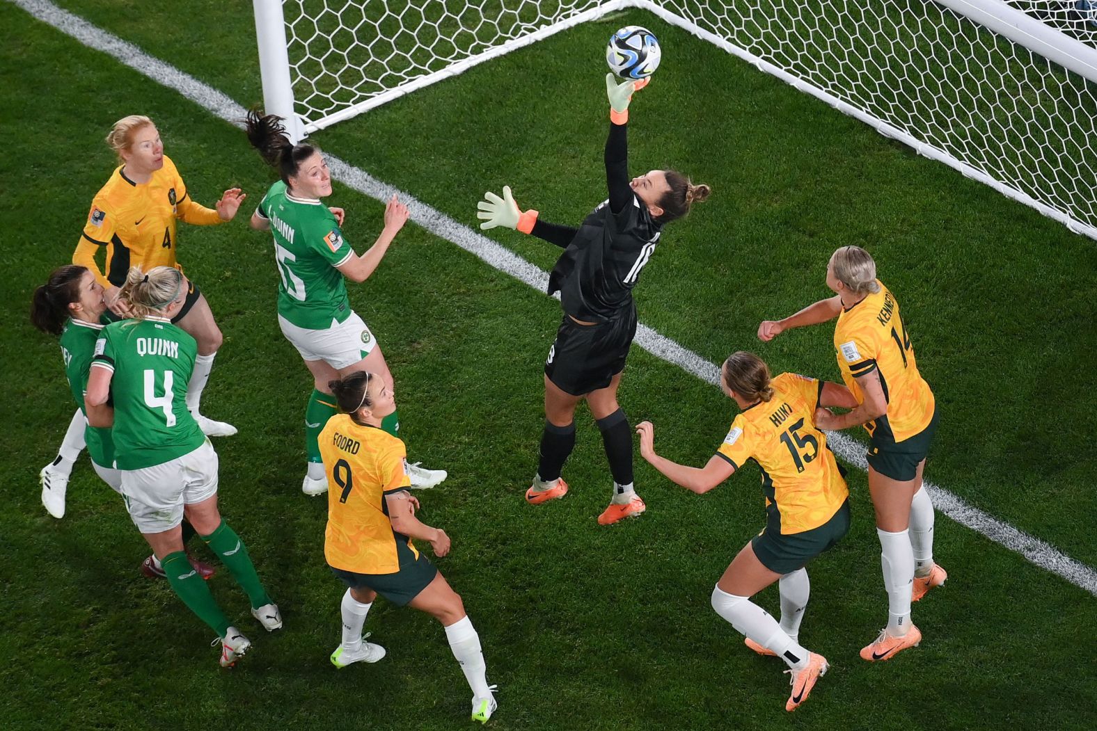 Australian goalkeeper Mackenzie Arnold makes a save during her team's 1-0 victory over Ireland at the <a href="http://www.cnn.com/2023/07/20/football/gallery/womens-world-cup-2023/index.html" target="_blank">Women's World Cup</a> on Thursday, July 20. Australia and New Zealand are co-hosting the tournament.