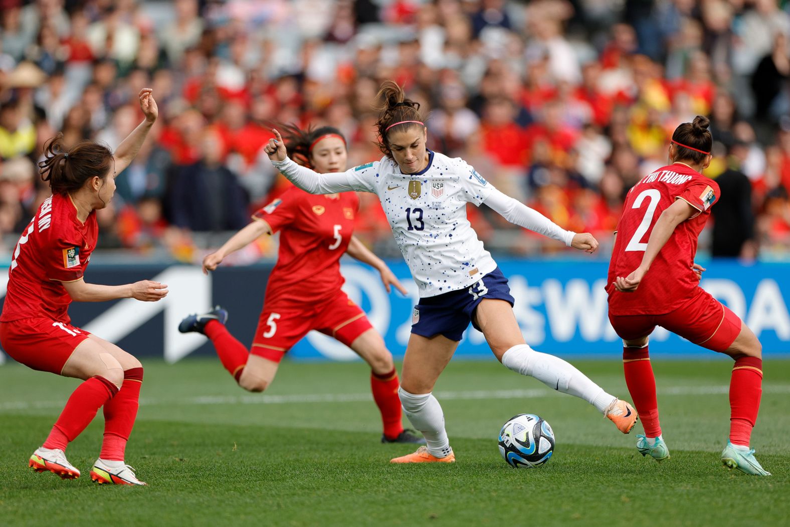 US forward Alex Morgan is surrounded by Vietnam defenders during their opening match at the Women's World Cup on Saturday, July 22. The United States, the two-time defending champs, <a href="https://www.cnn.com/2023/07/21/football/uswnt-vietnam-womens-world-cup-spt-intl/index.html" target="_blank">won 3-0</a>.