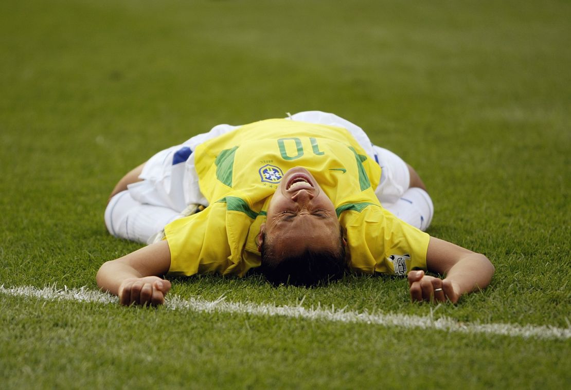 FOXBORO, MA - OCTOBER 1:  Forward Marta #10 of Brazil screams after being fouled and awarded a penalty kick against Sweden during the FIFA Women's World Cup quarterfinal match at Gillette Stadium on October 1, 2003 in Foxboro, Massachusetts. Marta converted the kick to tie the game.  Sweden defeated Brazil 2-1.  (Photo by Doug Pensinger/Getty Images)