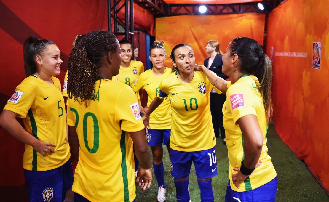 of Brazil is challenged by of Korea during the FIFA Women's World Cup 2015  group E match between Brazil and Korea Republic at Olympic Stadium on June 9, 2015 in Montreal, Canada