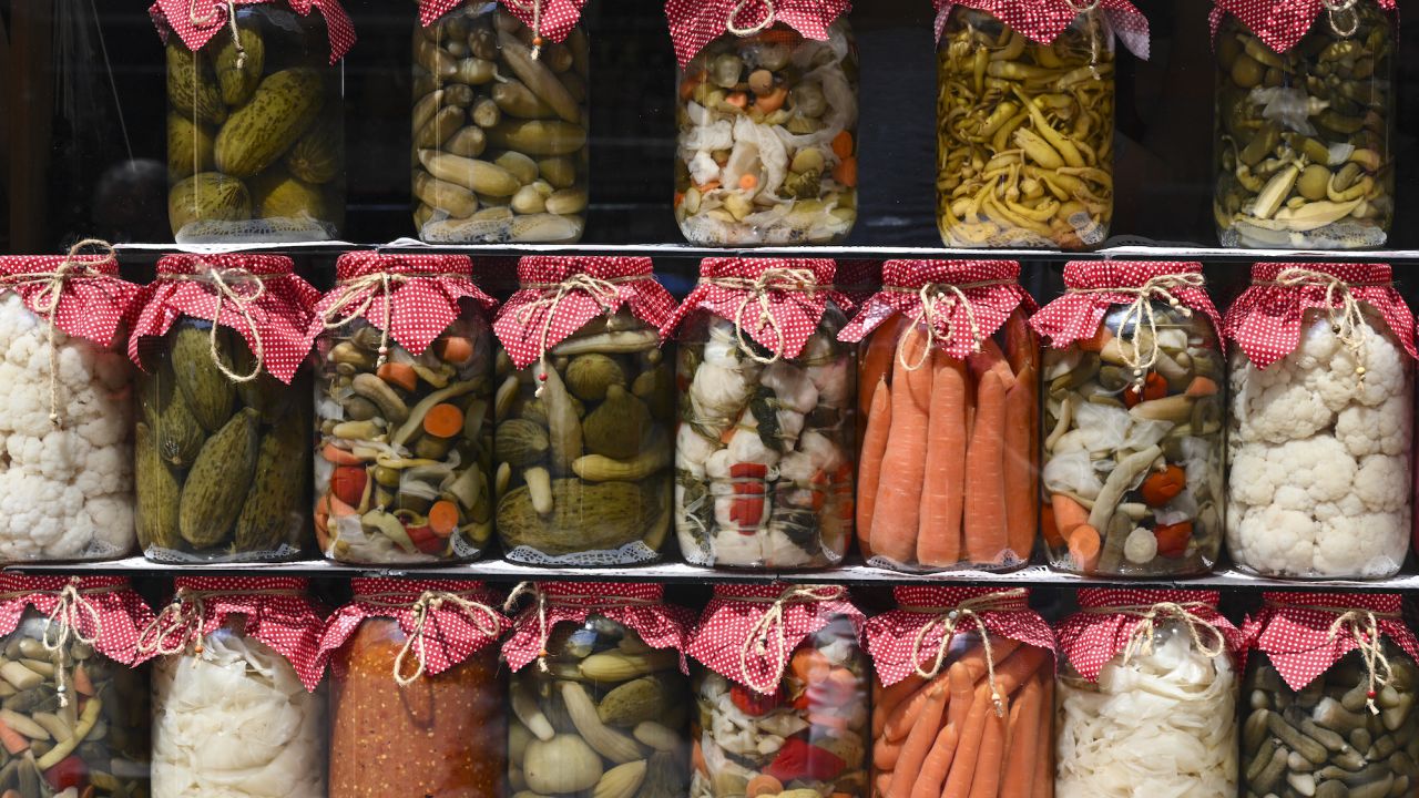 ISTANBUL, TURKIYE - JUNE 28: Various jars of pickles are seen at a historical pickle shop called "Asri Tursucu" in Istanbul, Turkiye on June 28, 2023. "Asri Tursucu" (Asri Pickle Shop) in Cihangir, where the movie "Merry Days" (Neseli Gunler), which is remembered for its "lemon and vinegar" controversy, was filmed, has a 110-year history and is frequented by those who prefer meat with pickles. In the shop, which preserves the historical texture of the first day, pickles are produced with the traditional method. (Photo by Kadir Kemal Behar/Anadolu Agency via Getty Images)