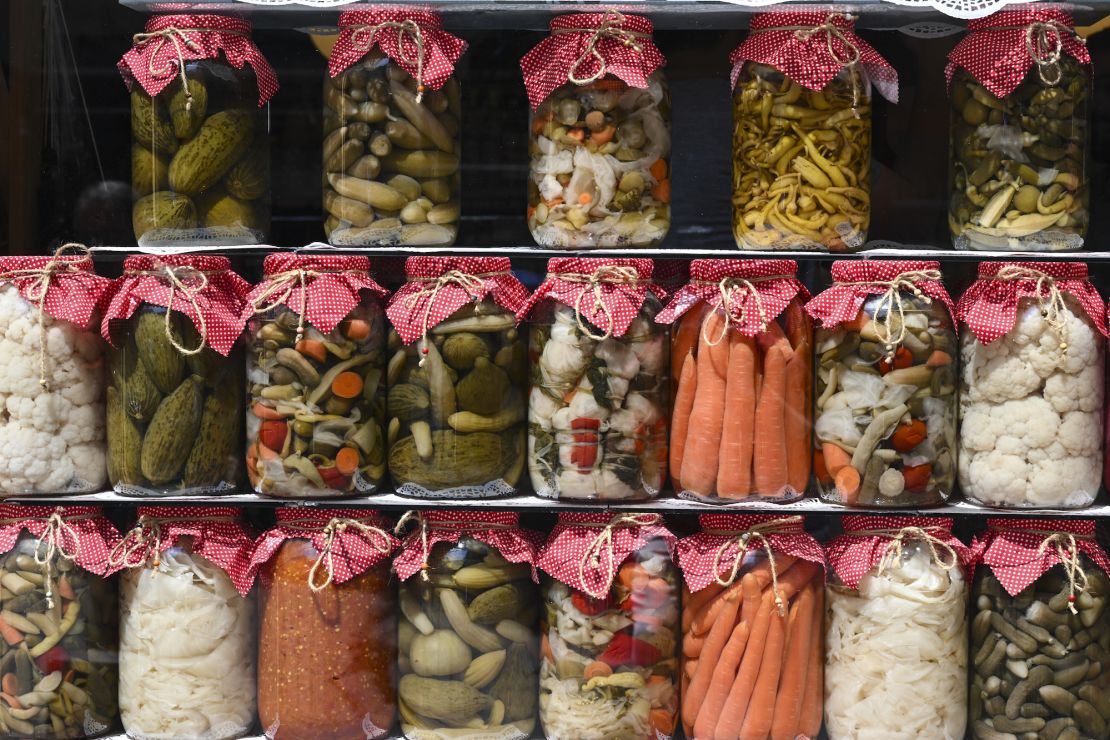 ISTANBUL, TURKIYE - JUNE 28: Various jars of pickles are seen at a historical pickle shop called "Asri Tursucu" in Istanbul, Turkiye on June 28, 2023. "Asri Tursucu" (Asri Pickle Shop) in Cihangir, where the movie "Merry Days" (Neseli Gunler), which is remembered for its "lemon and vinegar" controversy, was filmed, has a 110-year history and is frequented by those who prefer meat with pickles. In the shop, which preserves the historical texture of the first day, pickles are produced with the traditional method. (Photo by Kadir Kemal Behar/Anadolu Agency via Getty Images)