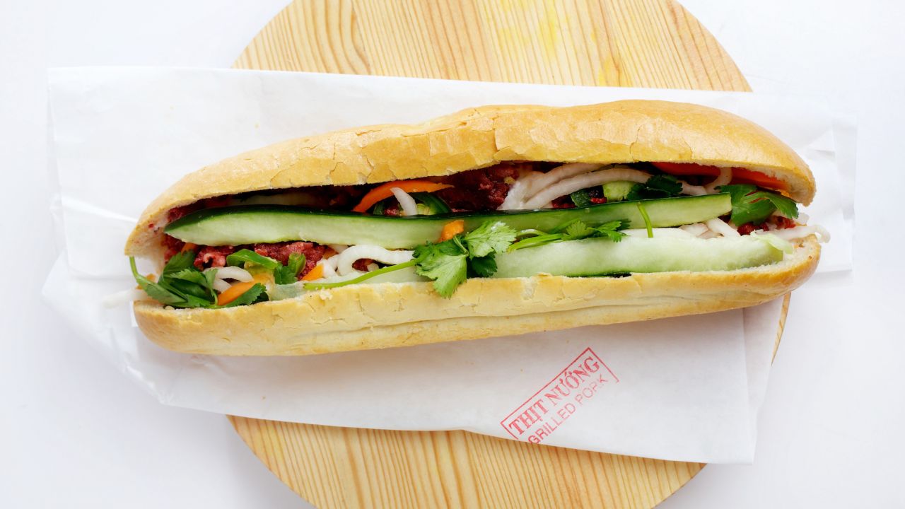 WASHINGTON, DC- FEBRUARY 25, 2015: 40 Eats - The grilled pork banh mi sandwich ($4.20) from Banh Mi D.C. in Falls Church features grilled pork, and traditional toppings including pickled vegetables, spears of cucumber and fresh jalapeno and cilantro. (Photo by Deb Lindsey for the Washington Post).