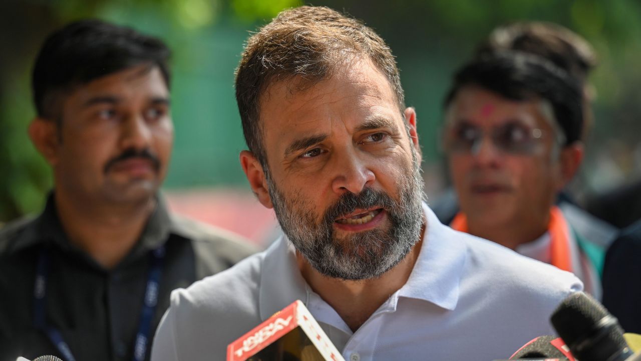 Rahul Gandhi addresses the media after winning the Karnataka Assembly Elections on May 13, 2023. 