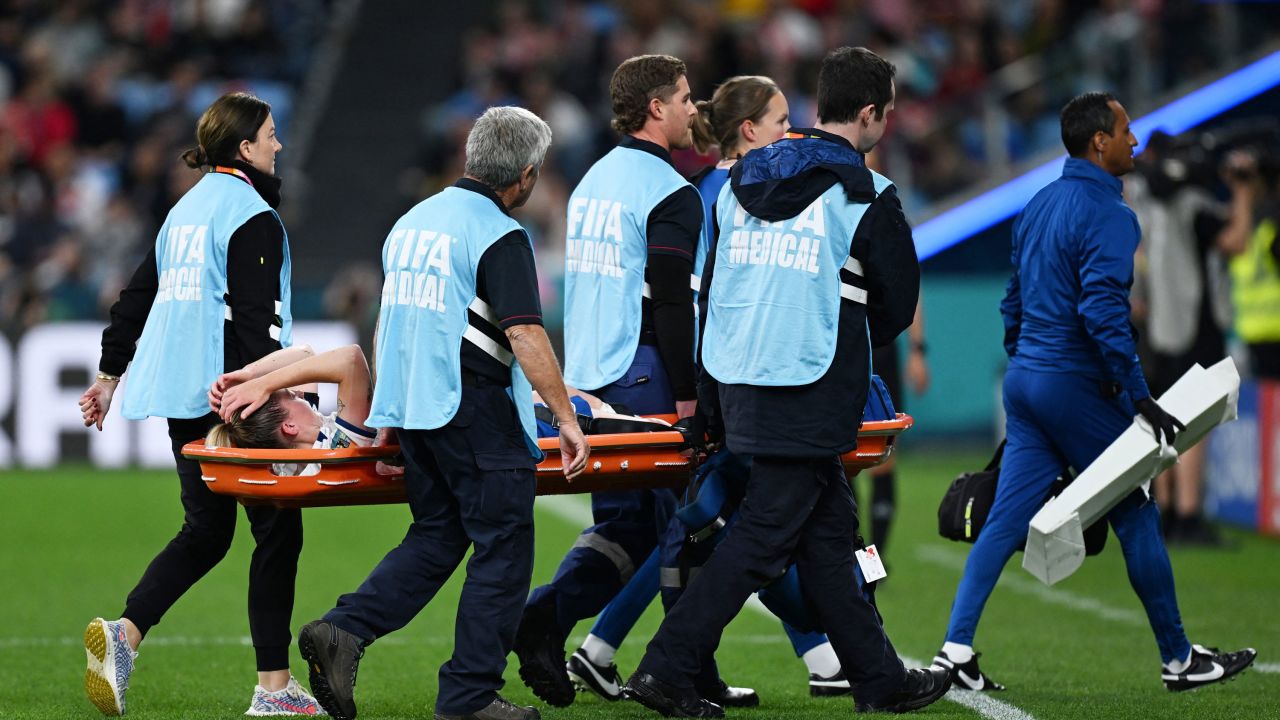 England's Keira Walsh is stretchered off after sustaining an injury against Denmark.