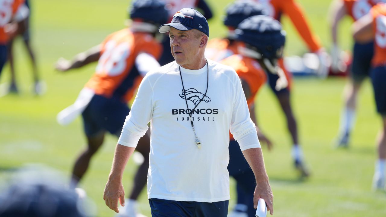 Denver Broncos head coach Sean Payton looks on during an NFL football training camp session at the team's headquarters Thursday, July 27, 2023, in Centennial Colo. (AP Photo/David Zalubowski)