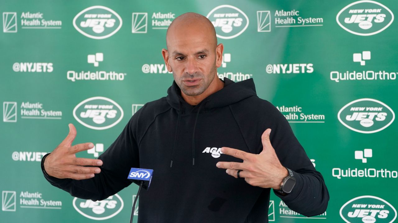 New York Jets head coach Robert Saleh speaks to members of the media after practice at the NFL football team's training facility, Friday, July 21, 2023, in Florham Park, N.J. (AP Photo/John Minchillo)