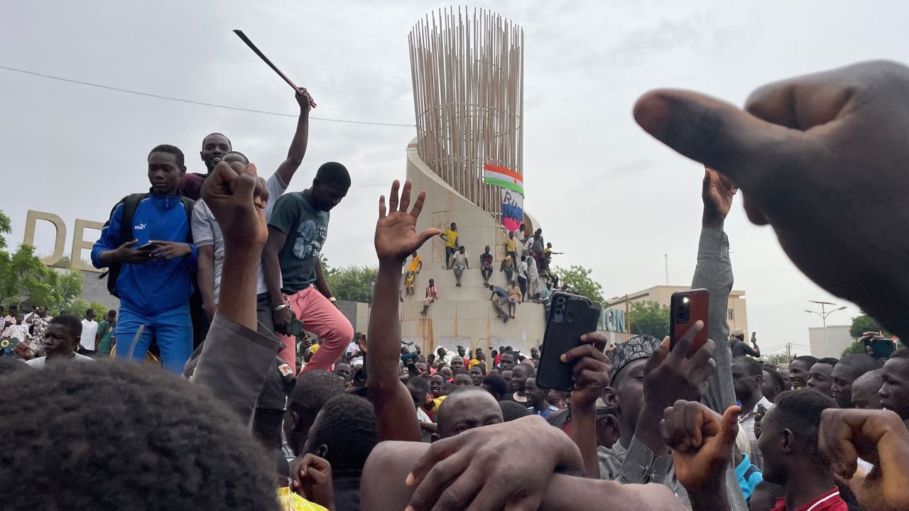 Supporters of the Nigerien defense and security forces demonstrate outside the national assembly in the capital of Niamey on Thursday. 