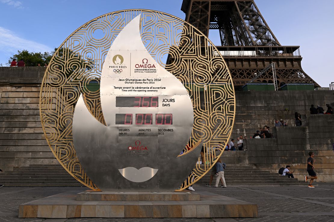 The official Olympic countdown clock is located beside the River Seine in Paris. 