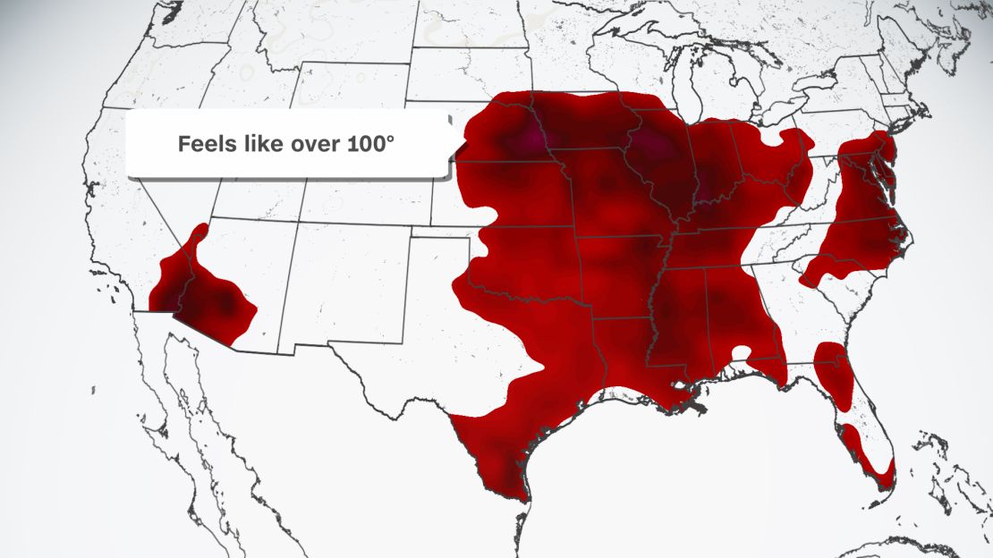 All of the areas across the country Friday forecast to "feel like" temperatures of 100 degrees-plus on heat index.