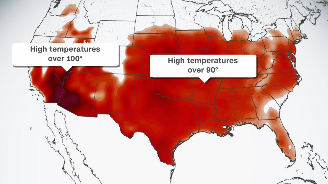 All of the areas expected to see 90 degree or higher temperatures across the country Friday.