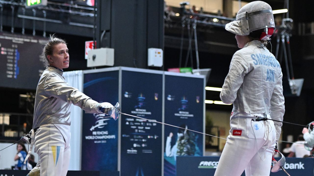 Olga Kharlan of Ukraine refused to shake hands with Anna Smirnova of Russia, presenting a saber to tap instead, at the Fencing World Championship, in Milan on 27 July 2023