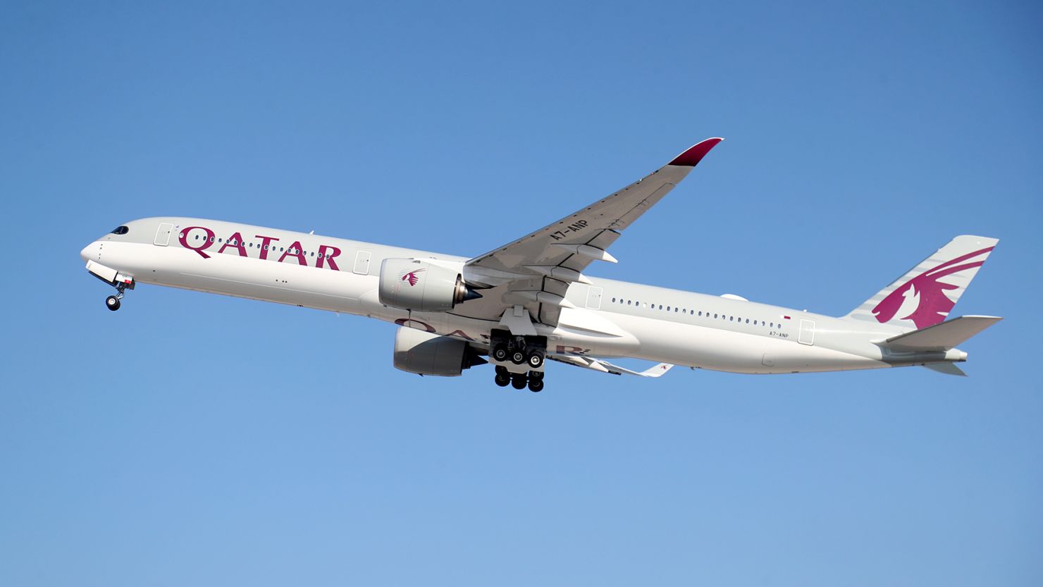 A Qatar Airways plane takes off at Hamad International Airport.