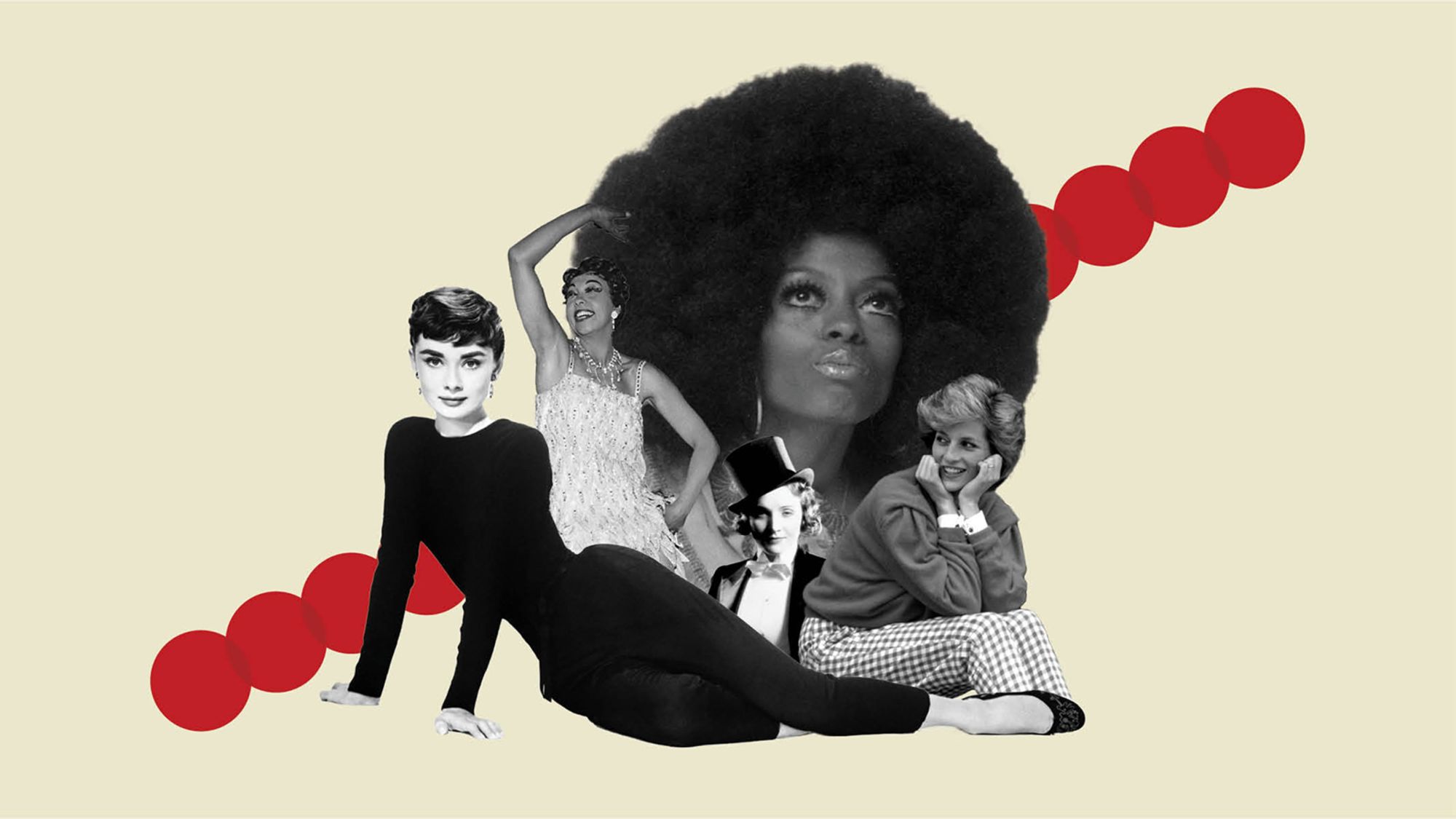 A composite image of some of the 20th-century's biggest fashion icons: Audrey Hepburn, Diana Ross, Josephine Baker, Princess Diana and Marlene Dietrich.