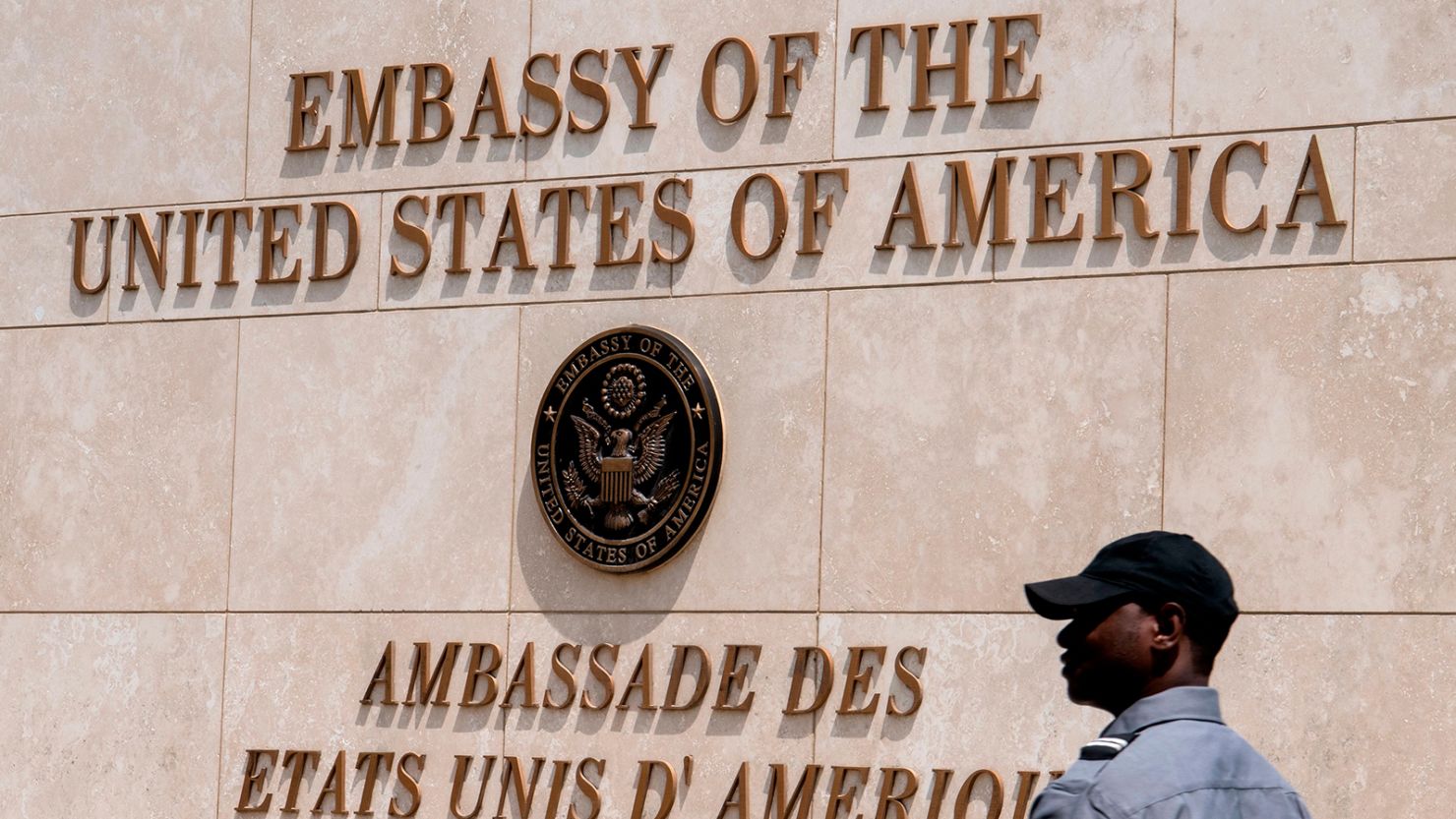 Haitian security personnel guard outside the US Embassy in the Haitian capital Port-au-Prince on April 29, 2019. 