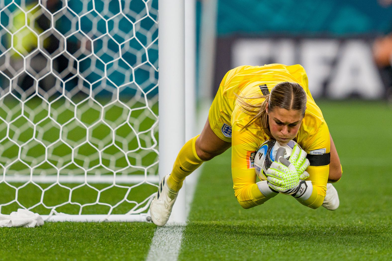 England goalkeeper Mary Earps makes a save against Denmark.