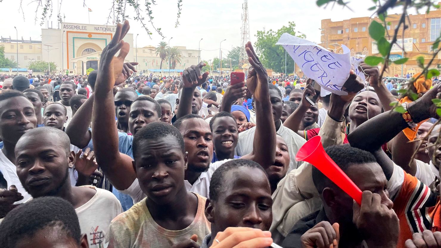 Supporters of mutinous soldiers demonstrate in Niamey, Niger, Thursday July 27 2023. 
